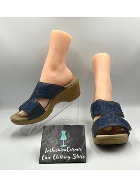 Alegria Women's Blue Leather Floral Embroidered Wedge Sandals Sz 10.5 3342